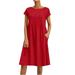 WQJNWEQ Dresses For Women Clearance Women S Casual Summer Cotton Linen Solid Color Round Neck Short Sleeve Dress Midi Dress