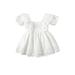 Biekopu Newborn Girl Short Sleeve Dress Summer Solid Color Hollow Out Ruffles Decor Sweet Dress Casual Simple Clothes 0-18 Months