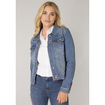 Jeansjacke BASE LEVEL "BA-YAMIL", Damen, Gr. 46, blau (blau denim), Obermaterial: 98% Baumwolle, 2% Elasthan, leichte Abriebeffekte, casual, figurbetont taillenbedeckt, Langarm verstellbar Bündchen, Jacken Image