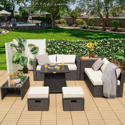 Costway 9PCS Patio Rattan Furniture Set Fire Pit Space-saving W/ - See Details