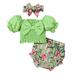 Infant Baby Girls Clothes Baby Girls Outfits 6-9 Months Girls Short Sleeve Top Floral Shorts Headband 3PCS Set Green