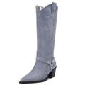 Aachcol Women Western Cowboy Boots Mid Calf Pull-Up Pointed Toe Chunky Block Mid Heel Dress Shoes Suede Zipper Grey 6.5 CM 6.5 UK