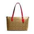COACH Women's Gallery Tote in Signature Canvas, Khaki - Electric Red