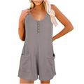 JWZUY Women s Front Button Relaxed Fit Jumpsuits Stretchy Short Pants Romper with Pockets Casual Sleeveless Waffle Knit Shorts Gray XL