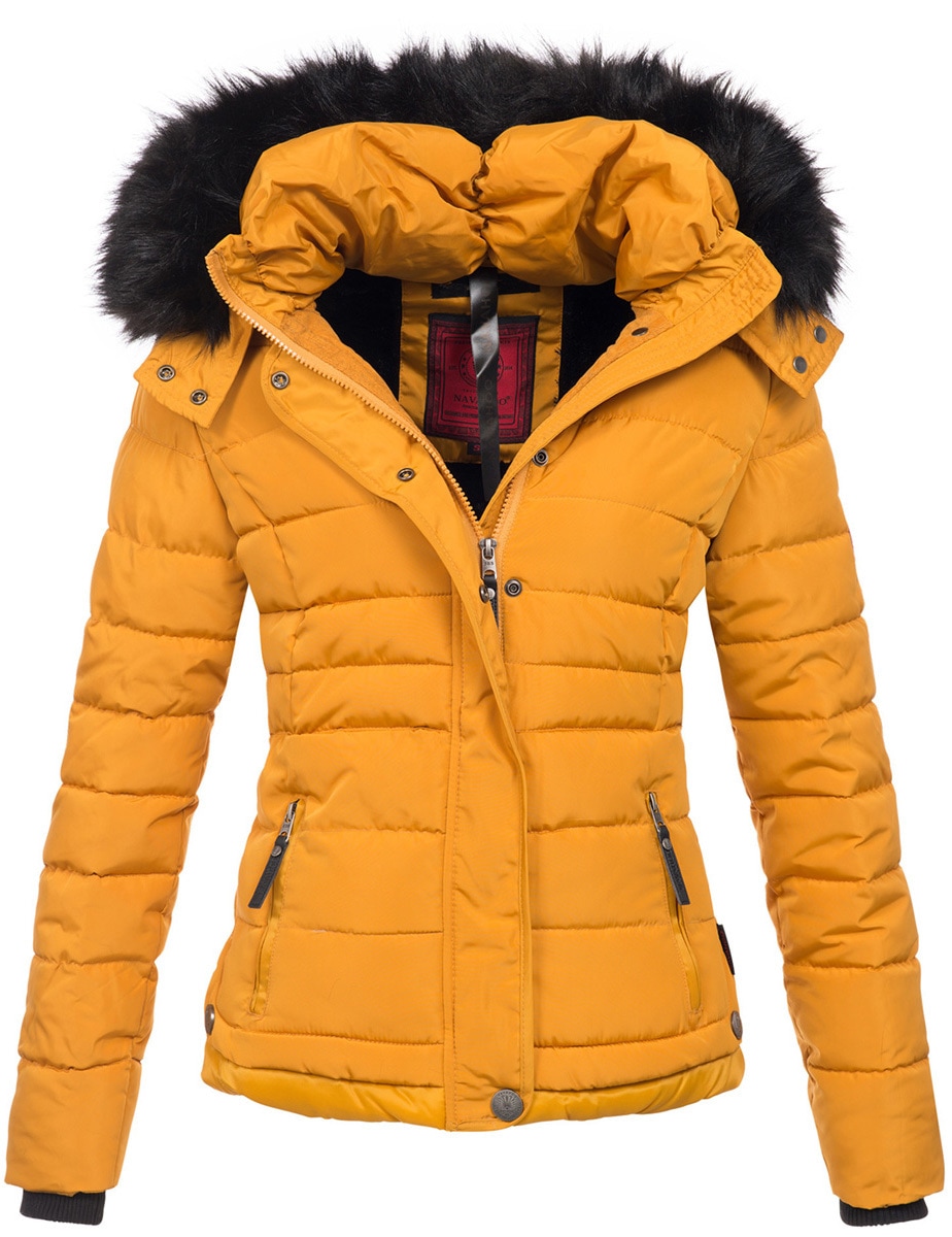 Steppjacke NAVAHOO "Chloe", Damen, Gr. M (38), gelb, Obermaterial: 100% Polyester; Innenseite: 100% Polyester; Futter: 100% Polyester; Fellimitat: 90% Polyacryl, 10% Polyester, Jacken Steppjacke, hochwertige Winterjacke mit abnehmbarer Kapuze