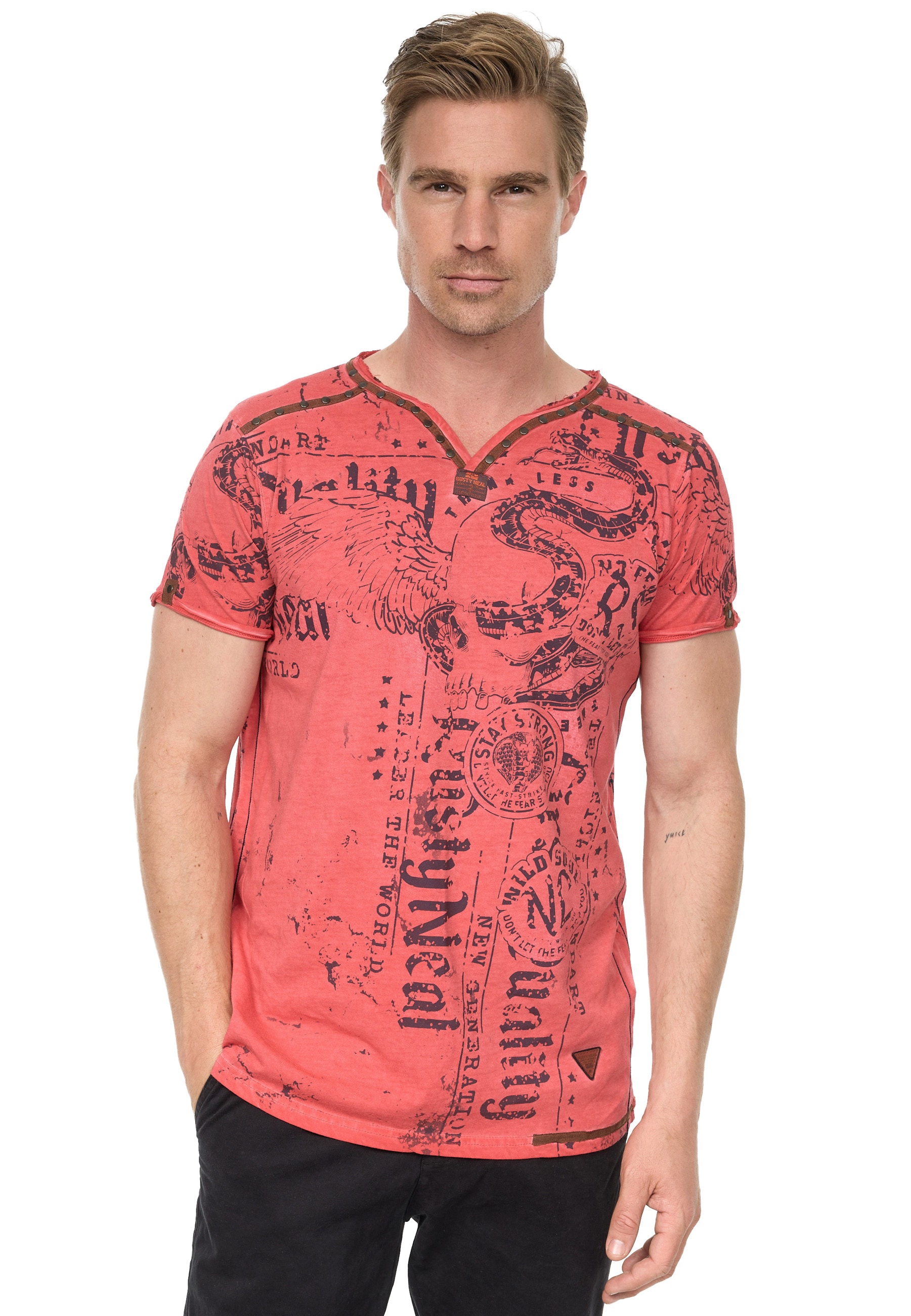 T-Shirt RUSTY NEAL, Herren, Gr. S, rot, 100% Baumwolle, unifarben, normal, Rundhals, Shirts, mit Allover-Druck Image