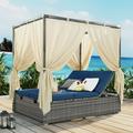 Outdoor Patio Wicker Daybed Adjustable Sun Bed With Overhead Curtain High Comfort Reclining Chaise Lounge Chair with Adjustable Seats Outdoor PE Rattan Sun Bathing Chair for Backyard Poolside Blue