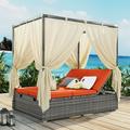 Outdoor Daybed With Curtain Wicker Patio Daybed Sunbed with Adjustable Backrest & Cushion 2-Person Chaise Lounge Outdoor with Sturdy Steel Patio Sofa Bed Furniture Set for Backyard Poolside Orange