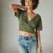 Lucky Brand V Neck Crochet Top - Women's Clothing V Neck Tops Tee Shirts in Dusty Olive, Size L