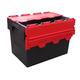 Plastor 5 x Plastic 80 Litre Heavy Duty Storage Boxes (60 x 40 x 42cm) Black and Red Euro Crates with Attached Hinged Lids