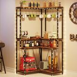 Industrial Corner Bakers Rack for Kitchen, L Shaped Kitchen Storage Rack with Shelves, 15 Hanging Hooks