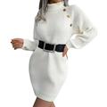 iOPQO Winter Dresses for Women 2024 Long Sleeve Dress Womens Womens Fashion Casual Long Sleeve Knit Turtleneck Long Puff Sleeve Ribbed Knit Short Dress Sweater Women s Sweater Dress White S