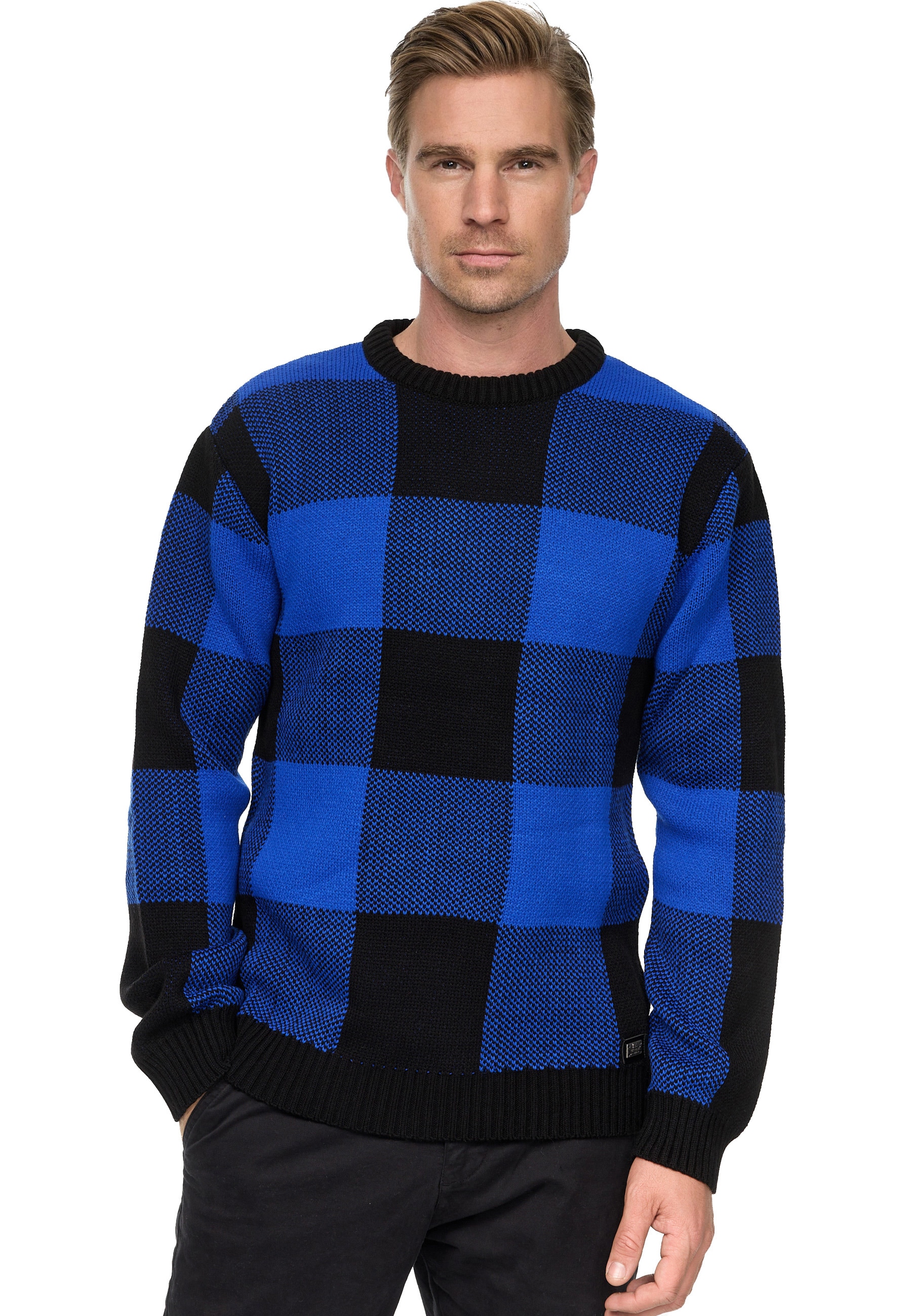 Strickpullover RUSTY NEAL, Herren, Gr. S, schwarz (schwarz, blau), 75% Polyacryl, 25% Baumwolle, kariert, normal, Rundhals, Pullover, mit karierter Musterung Image