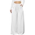 RYRJJ Wide Leg Dress Pants for Women High Waist Pocket Business Work Long Palazzo Pant Pleated Loose Casual Floor Length Trousers(White M)