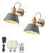 FSLiving Battery Opertaed Wall Sconce Wireless Remote Control Lamp Rechargeable Stepless Dimming LED Bulb Macaron Grey Color Wall Light Fixture Nightstand Lamp for Reading Dorm Stairways - Set of 2