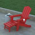 Emma + Oliver Adirondack Chair with Cup Holder and Pull Out Ottoman All-Weather HDPE Indoor/Outdoor Lounge Chair in Red