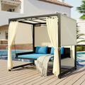 Outdoor Patio Swing Chair Adjustable Canopy Swing with Removable Cushions and Weather Resistant Frame Porch Swing Set with Steel Stand Swing Bed with Canopy Curtain Cushion and Pillows