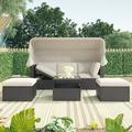 Outdoor Patio Furniture Set Rectangle Wicker Sectional Sofa Seating with Retractable Canopy and Washable Cushions Rattan Sofa Table Set with Storage Cabinet for Backyard Pool Garden Beige