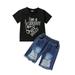 Summer Toddler Baby Boy Clothes Suits Letter Print Short Sleeve T-Shirts Ripped Denim Shorts Plaid Shorts 2Pcs Set