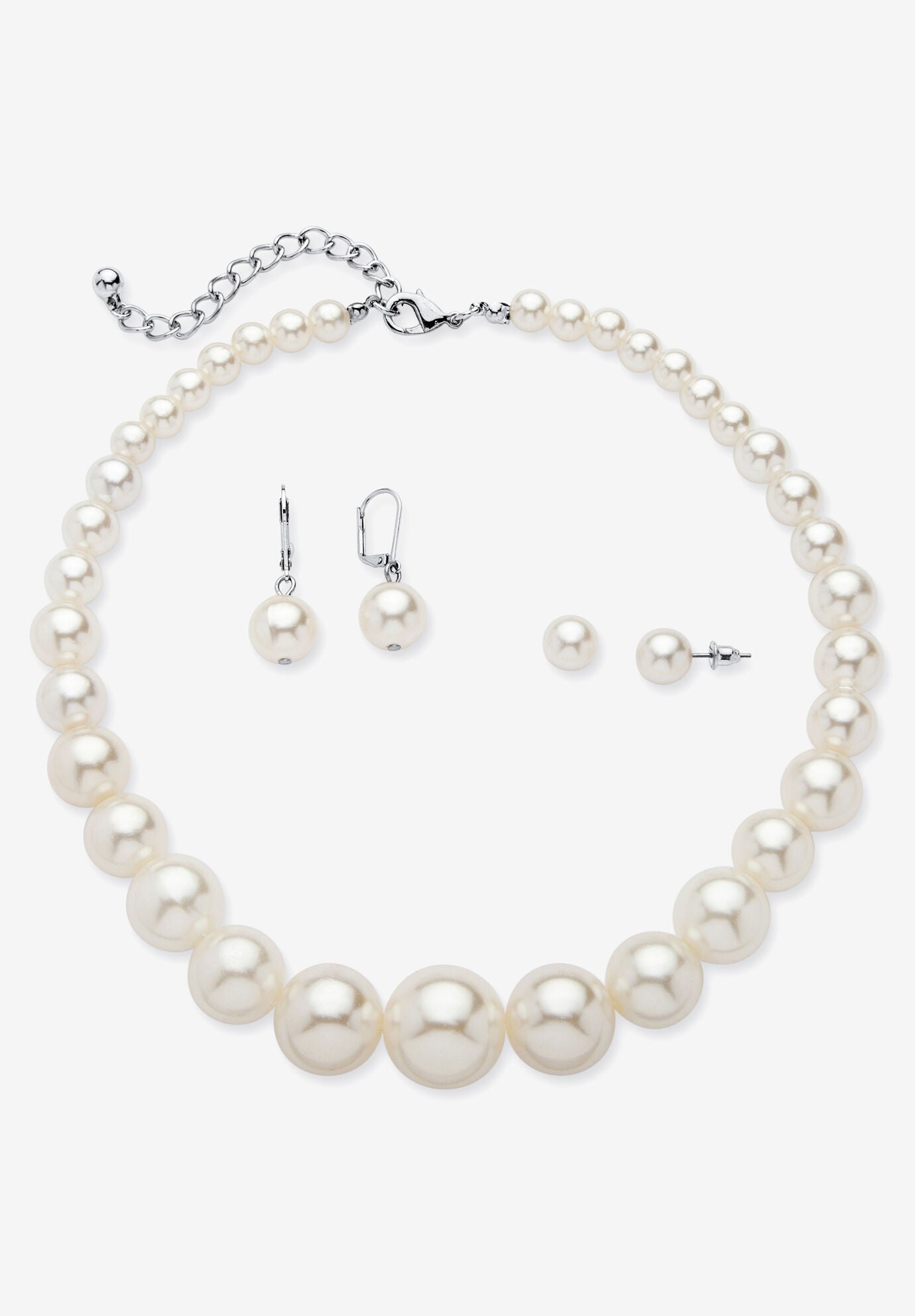 Women's Simulated Pearl Silvertone Necklace And 2-Pair Earrings Set by PalmBeach Jewelry in Silver