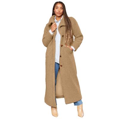 Plus Size Women's Maxi Teddy Fleece Coat by June+Vie in Soft Camel (Size 14/16)