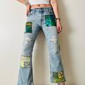 American Eagle Outfitters Jeans | American Eagle Handmade Patchwork Blue Low Rise Boot Cut 100% Cotton Boho Jeans | Color: Blue/Green | Size: 29