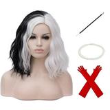 Dopi Black and White Wig for Women Girls Wig for Cruell/a Half White and Half Black Wig Short Curly Wavy Bob Wig Synthetic Hair Wigs Two Tone Wig Split Wig(2Pack)