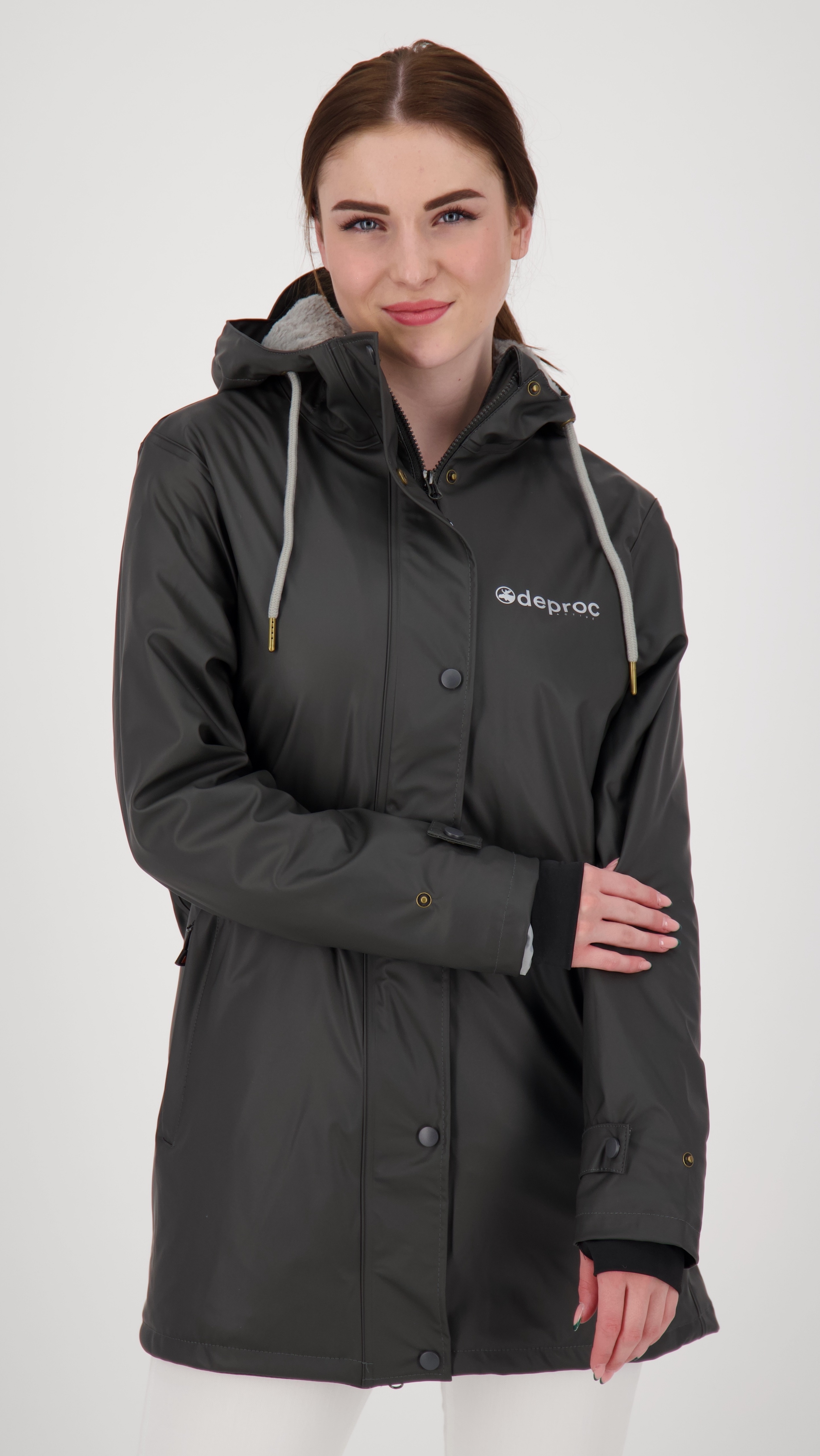 Regenjacke DEPROC ACTIVE "Friesennerz NEW ELLESMERE", Damen, Gr. 36 (S), grau (anthrazit), Obermaterial: 100% Polyurethan;Futter: 100% Polyester, figurumspielend, gerader Abschluss mit Druckknopf, Jacken Regenjacke, auch in Großen Größen erhältlich
