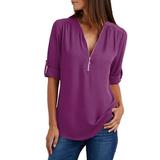 ZVAVZ Casual Tops for Women Fashion 2024 Ladies Dressy Summer Tops 2024 Womens Casual Shirts Zipper V Neck Half Sleeve Pullover Loose Basic Fit Henley Tshirt - Compression Shirts for Women