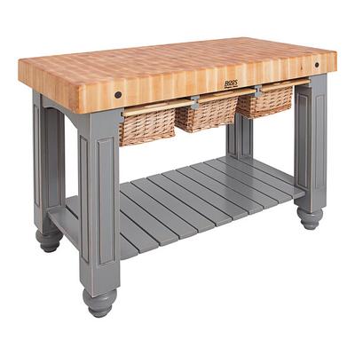 John Boos & Co. CU-GB4824-SG 48" x 24" Slate Gray Maple Gathering Block with Undershelf and 3 Wicker Baskets