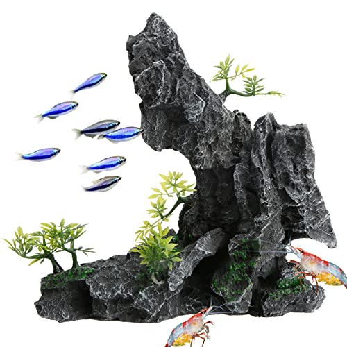 Saim Large Aquarium Mountain View Stone Ornament, Resin Rockery Fish Hiding Cave Aquarium Decoration for Amano Shrimp Cichlid to Play,Hide and Rest Fish Tank Landscape Decoration