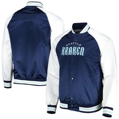 Mitchell & Ness Seattle Kraken Primetime Raglan-Satinjacke mit durchgehendem Druckknopf für Herren, tiefseeblau/weiß Image