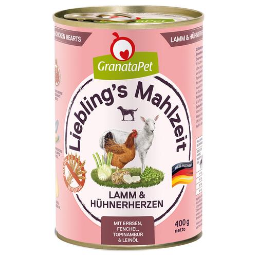 Sparpaket: 24x400g Granatapet Liebling's Mahlzeit Lamm & Hühnerherzen Hundefutter nass