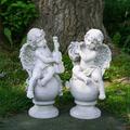 Northlight Seasonal 2 Piece 14.75" Cherub Angels w/ Instruments Sitting on Finials Outdoor Garden Statues Set Resin/ in White | Wayfair 32589221