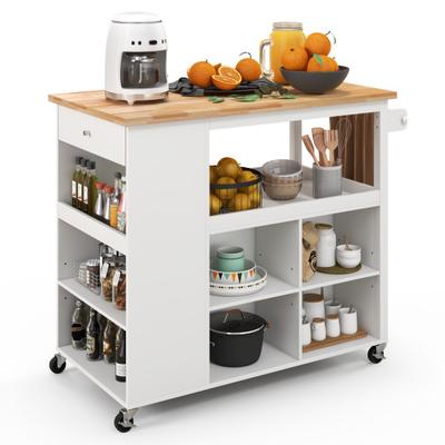 Costway Kitchen Island Trolley Cart on Wheels with Storage Open Shelves and Drawer-White