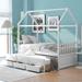 Twin Size Platform Bed, Wood House-Shaped Daybed Frame with Trundle and 3 Storage Drawers, Decorative Bedroom Furniture, White