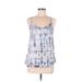 Sleeveless Blouse: Plunge Spaghetti Straps Blue Print Tops - Women's Size Medium