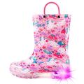 HugRain Girls Kids Wellies Wellingtons Boots Baby Child Light Up Rain Boots Toddler Waterproof Shoes Lightweight Unicorn Cute Design with Easy On Handles and Insole (Size 1,Pink)