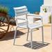 Wade Logan® Aragons Stacking Patio Dining Armchair Plastic/Resin in White | 33 H x 22.5 W x 23.2 D in | Wayfair 3BFD0DE63B664FB3897DDCA7C0944610