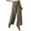 RYRJJ Women s Palazzo Wide Leg Pants Bow Knot Front High Waist Side Slit Flowy Pleated Pant Casual Work Dress Trousers with Belt(Green M)