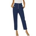 RYRJJ Womens Cotton Linen Casual Pants Comfy Office Work Slim Fit Pencil Pants with Pockets Elastic High Waist Cropped Paper Bag Pants(Navy XL)