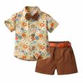 Efsteb Baby Boy Clothes Clearance Summer Kids Infants Toddler Baby Boys Clothes Sets Casual Fashion Print Short Sleeve Lapel Shirt Solid Color Shorts Suit With Belt Tie Brown (4-5 Years)