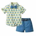 Efsteb Baby Boy Clothes Clearance Summer Kids Infants Toddler Baby Boys Clothes Sets Casual Fashion Print Short Sleeve Lapel Shirt Solid Color Shorts Suit With Belt Tie Blue (3-4 Years)