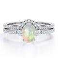 JeenMata Curved Pave 1 Carat Elliptical Ethiopian Opal And Moissanite Past Present Future Wedding Ring Set In 18K White Gold Plating Over Silver