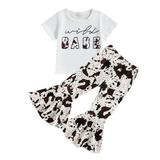B91xZ Baby Girl Outfit Toddler Girls Short Sleeves Kids Cow Top Letters Prints Outfits Set Bell Bottom Pants Flared White Sizes 4-5 Years