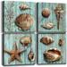 Blue Shells Wall Art Home Decor for Bathroom Shell Conch Framed Canvas Prints Sea Ocean Paintings Pictures Marine Life Coral Starfish Modern Large Artwork Living Room Home Decoration Set 4 Pcs 16x16