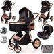 Baby Buggy Pram Pushchair Stroller 3 in 1 Child Lightweight Folding Stroller 3 in 1 Travel System Pram for Newborns & Toddlers 0-36 Months from Birth Aluminum (Black - Rose Gold Frame)