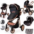 Baby Pram Pushchair Buggy with Car Seat Lightweight Stroller Folding Strollers 3 in1 Travel System Baby Trolley Baby Pram for Newborns Toddlers 0-36 Months from Birth (Black - Rose Gold Frame)