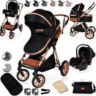 Baby Pram Pushchair Buggy with Car Seat Lightweight Stroller Folding Strollers 3 in1 Travel System Baby Trolley Pram for Newborns Toddlers from Birth (Black - Rose Gold Frame)