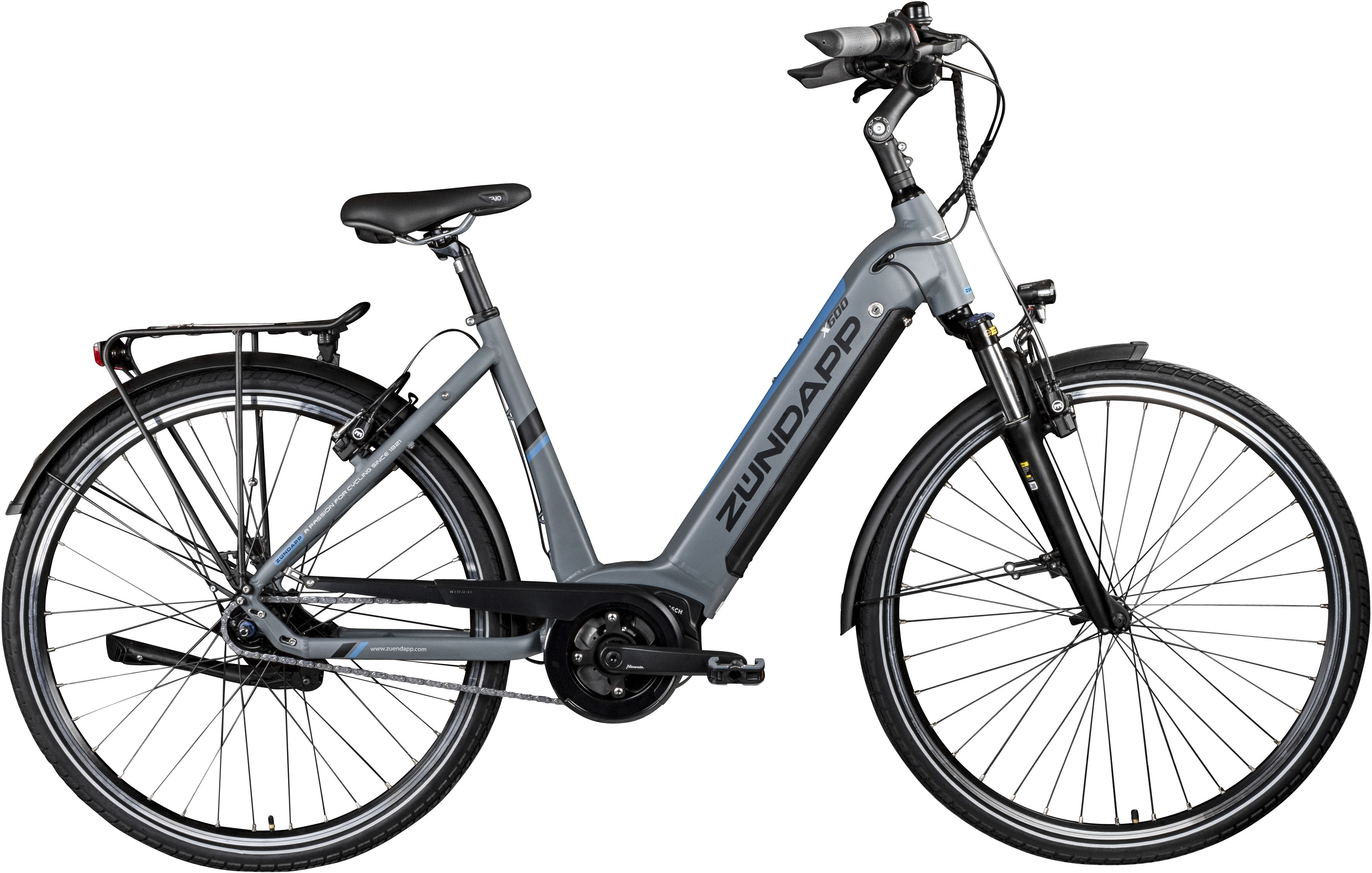 E-Bike ZÜNDAPP "X600" Gr. 50, grau (grau, blau), Elektrofahrräder, 50cm, 28 Zoll (71,12cm), Pedelec, Elektrofahrrad für Damen u. Herren Image